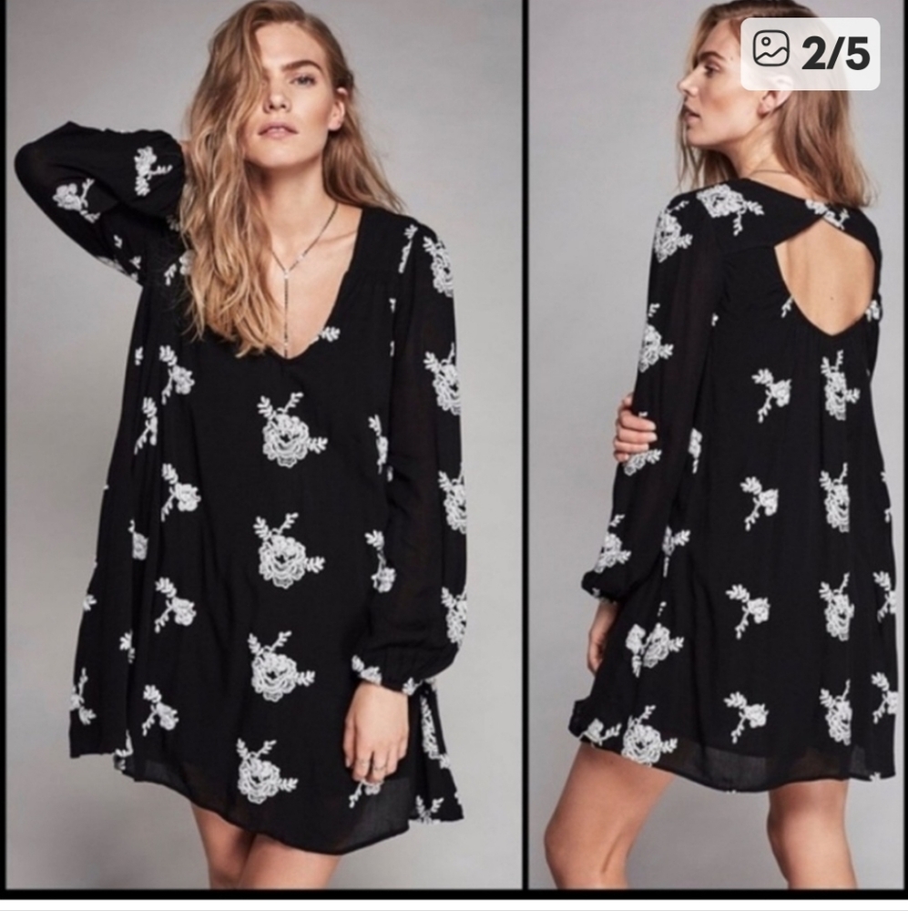 Free People Black and White Floral Long Sleeve Dress